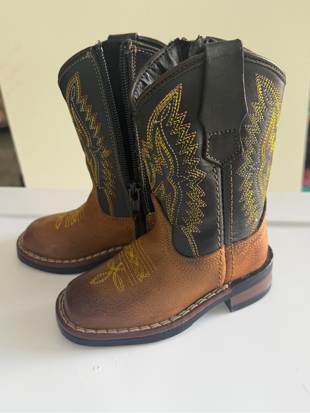 J.B. Dillon Brown and Black Kids Western Boots with Yellow Stitching